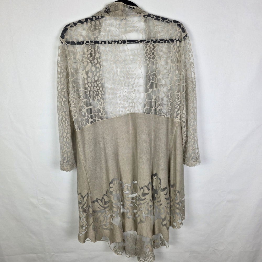Ania A Floral Lace Mesh Open Front Duster Cardigan‎ Champagne Taupe 3/4 Sleeve - Picture 2 of 6
